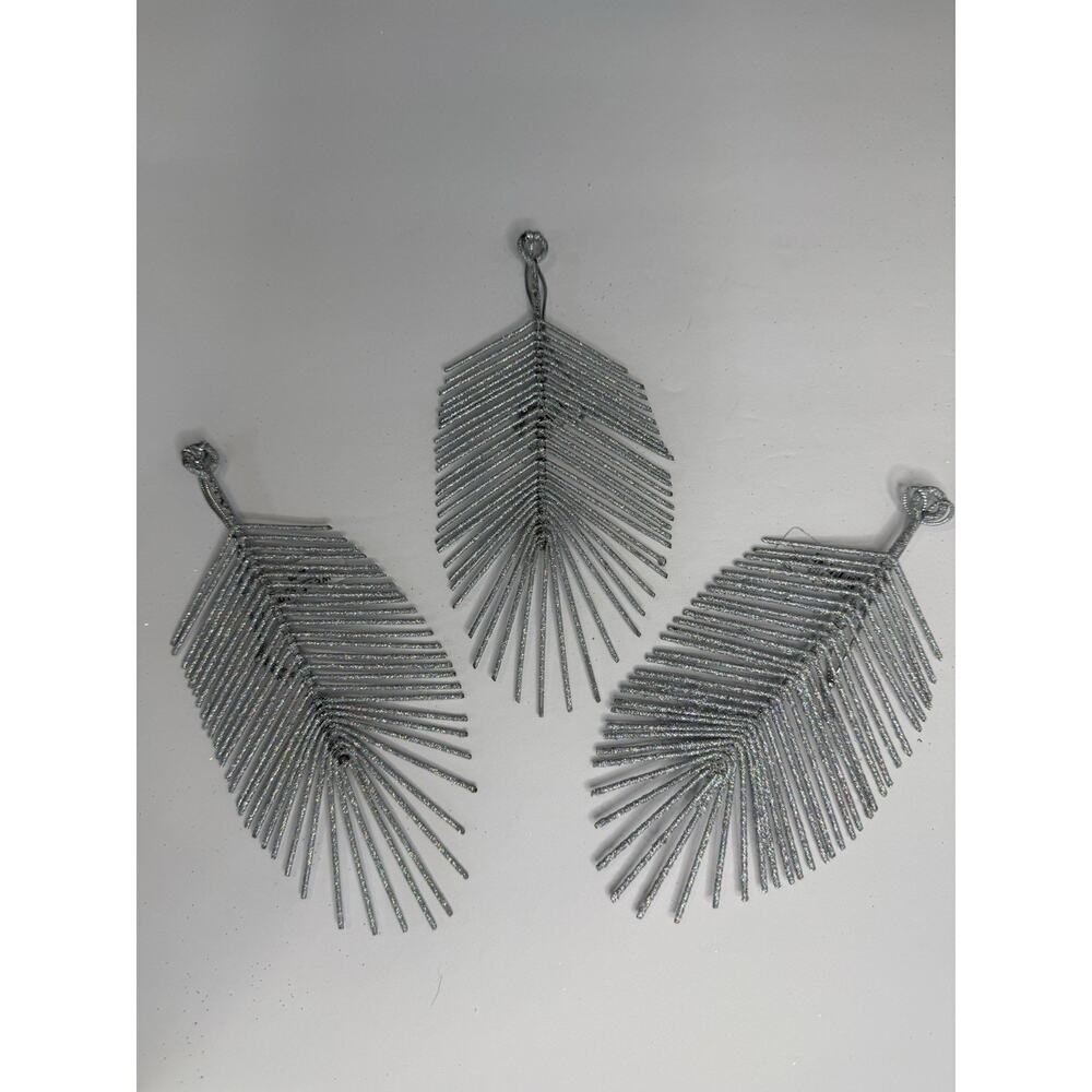 West Elm Silver Glitter Feather Ornaments Set of 3 Modern Holiday Christmas